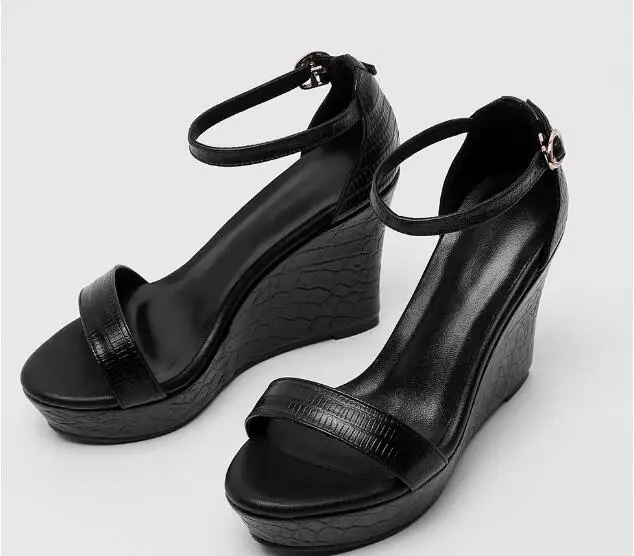 Linamong Summer Girls Black Soft Leather One Line Buckle Wedge Sandals Woman 10/12 CM Heels Casual Sandals Shoes Small Size 33