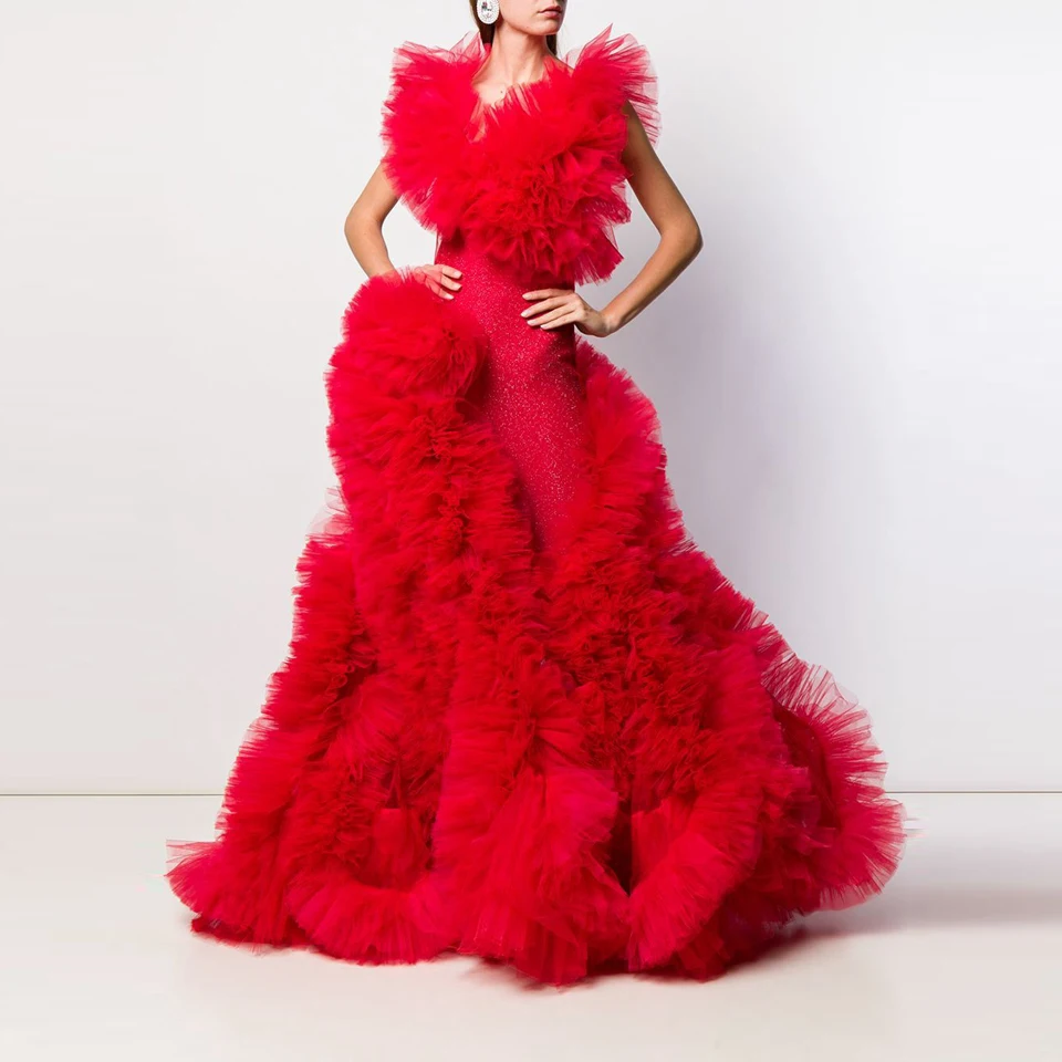 Fashion Couture Bright Red Prom Gown 2020 Women Ruffled Puffy Tulle Evening Formal Dress Celebrity Pageant Party Dresses Robe