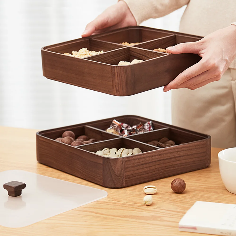 

2 Layers Divided Solid Walnut Wood Candy Can With Dustproof Glass Cover Snack Nut Biscuits Storage Box Food Wooden Organizer