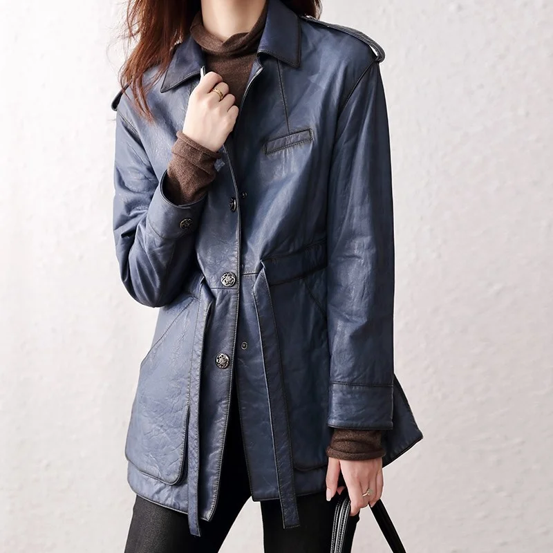 

Single Vintage Breasted Womens Genuine Leather Jacket High Quality Real Sheepskin Long Coat Office Lady Windbreakers Overcoat