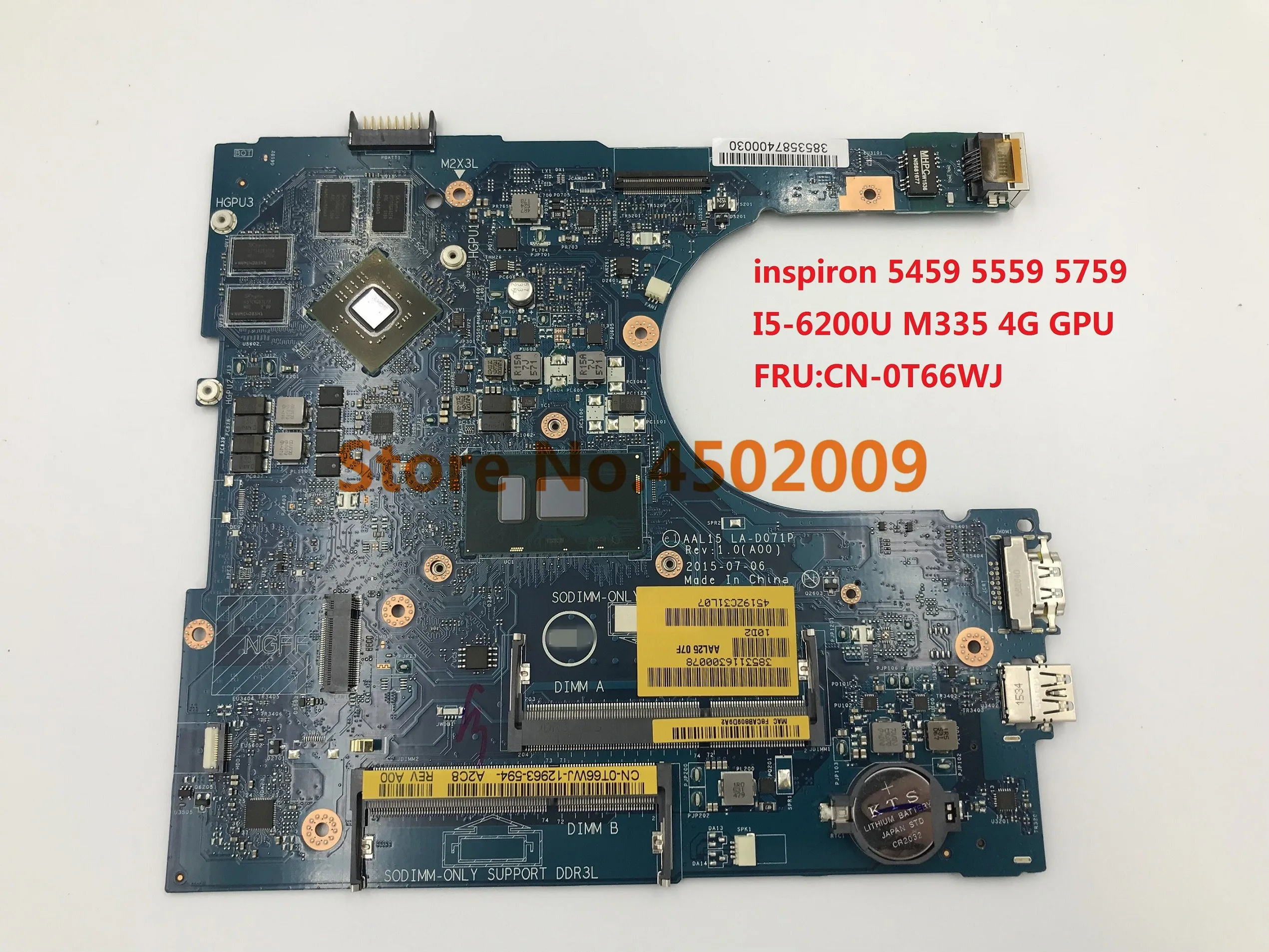 แม่บอร์ดแล็ปท็อปสำหรับ Dell Inspiron 5459, 5559, 5759 รุ่น LA-D071P CN-0T66WJ ที่ใช้งานได้จริง 100% พร้อมโปรเซสเซอร์ i5-6200U และการ์ดจอ AMD M335