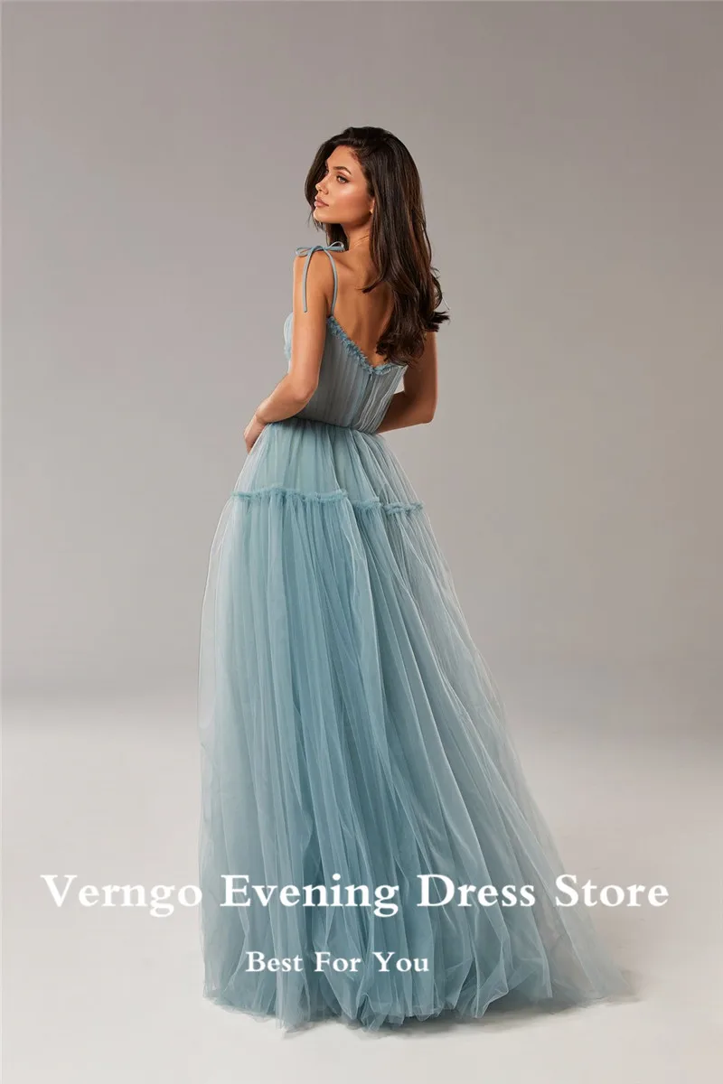 Verngo Simple A Line Dusty Blue Tulle Long Prom Dresses Spaghetti Straps Strapless Pleats Floor Length 2021 Evening Gowns