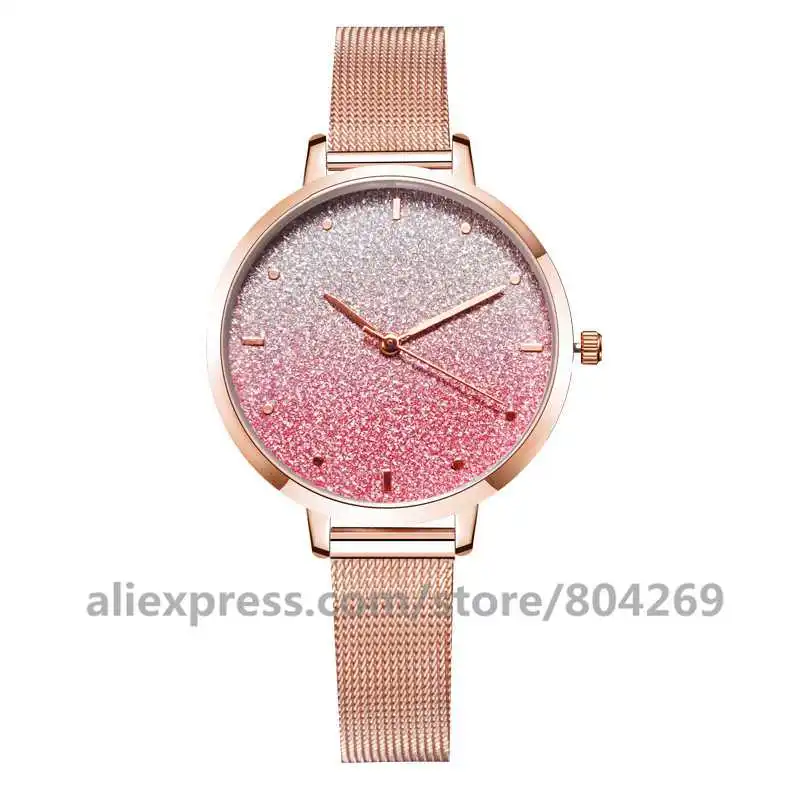 

Wholesale Fashion Thin Mesh Alloy Watch Women Starry Sky Gradient Color Watch Luxury Ladies Alloy Quartz Dress Watch 103042