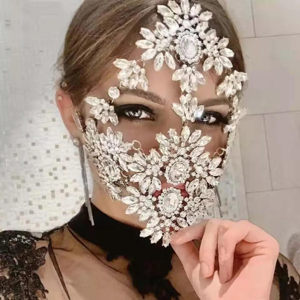 INS Exaggerated Luxury Crystal Masquerade Mask Decoration Festival Face Jewelry for Girl Show Rhinestone Beauty Mask Accessories