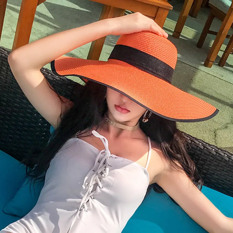 K60 Women\'s Hat Summer Beach Big Brim Straw Seaside Sun Hat Travel Women\'s Panama Sun Protection Felt hat UPF 50+ Sun Visor