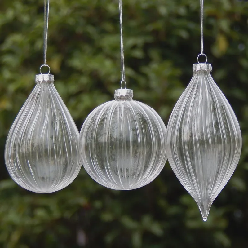 2pcs/pack Small Size Striped Transparent Glass Pendant Christmas Tree Hanging Globe Onion Cone Handmade Festival Hanger Ornament