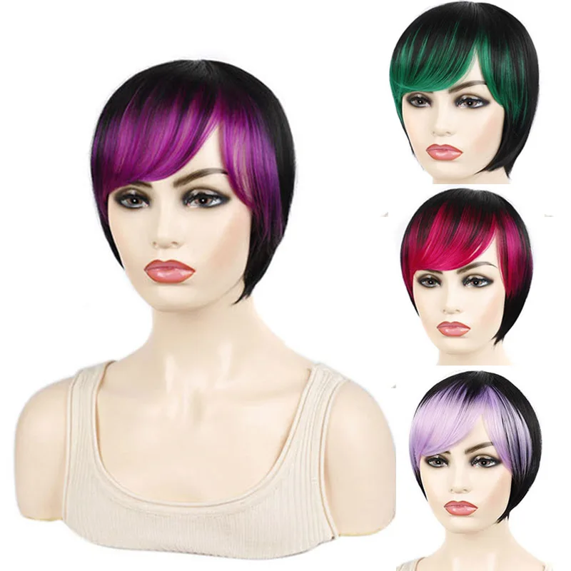 Jeedou Ombre Color Synthetic Short Hair Wigs Bob Haircut Whit Bangs Young Girl's Wig Pink Purple Green