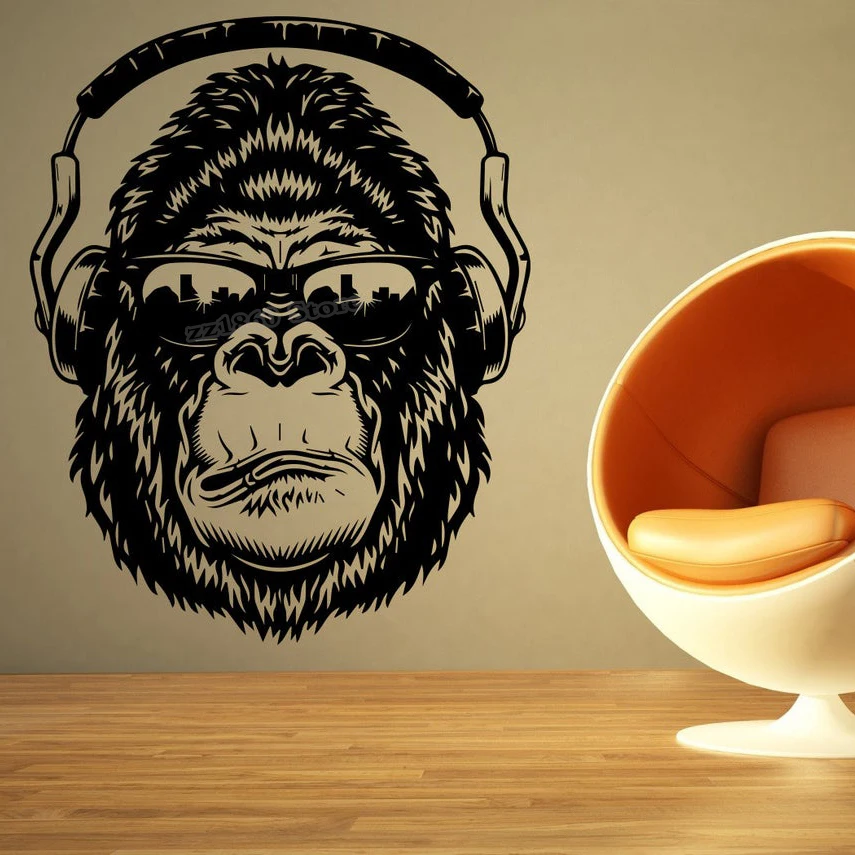 

Gorilla With Headphones Music Wall Sticker Vinyl Music Wall Decal for Home Decoration Design Removable Art Wall Decor Mural B619