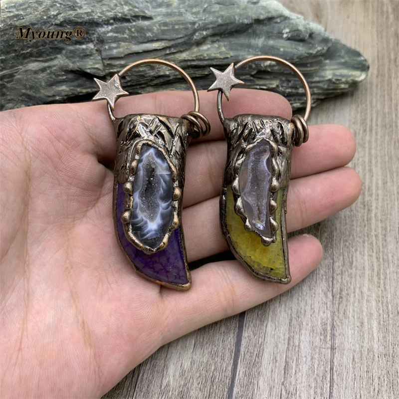 10PCS Boho Jewelry Soldered Bronze Plated Horn Shape Multicolor Agates Vintage Stone Necklace Pendant MY211008