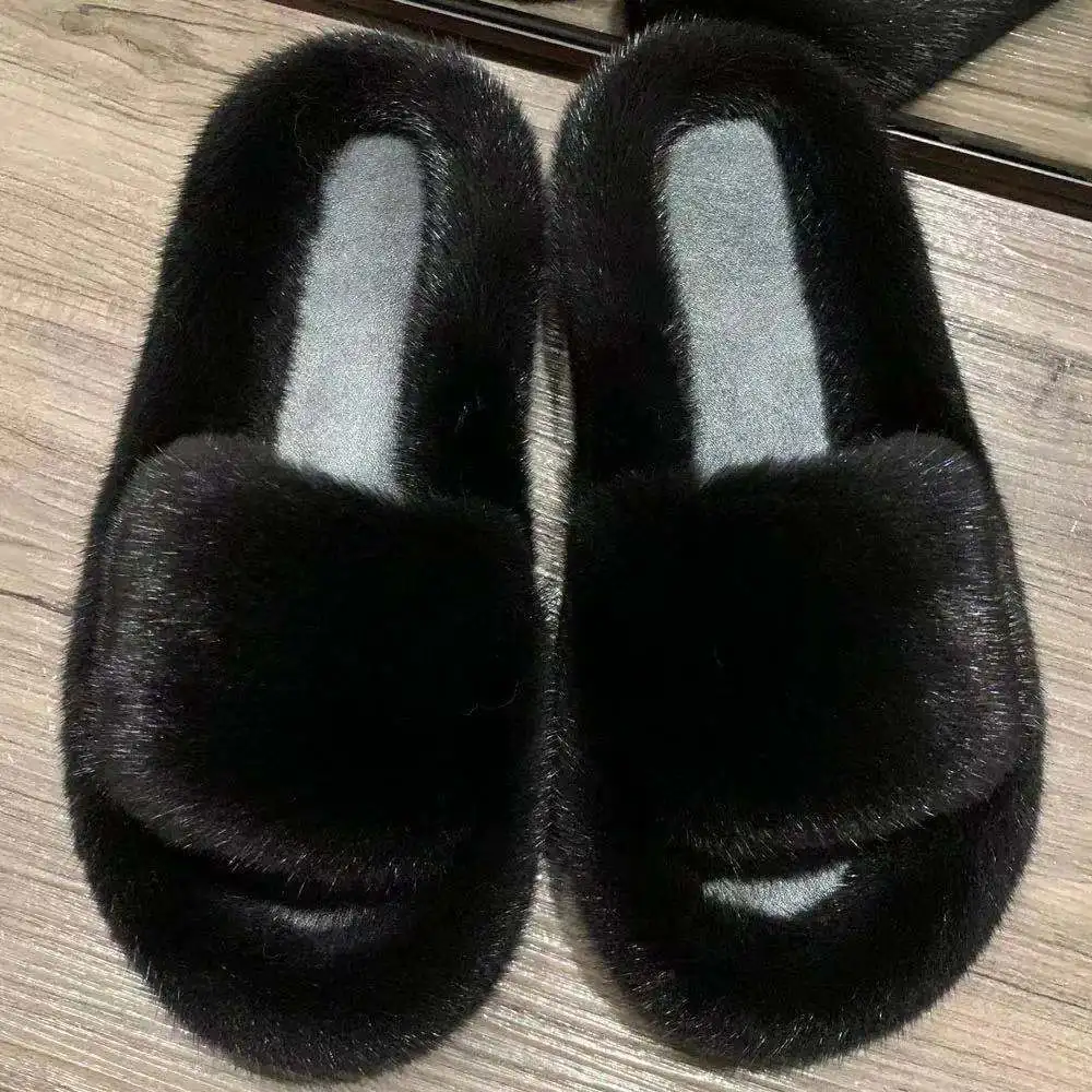 Mink Fur Shoes Non-Slip Slippers Female Outdoor Wear 2024 New Thick Platform Indoor Home Sandals Female Summer Eva Flip Flops