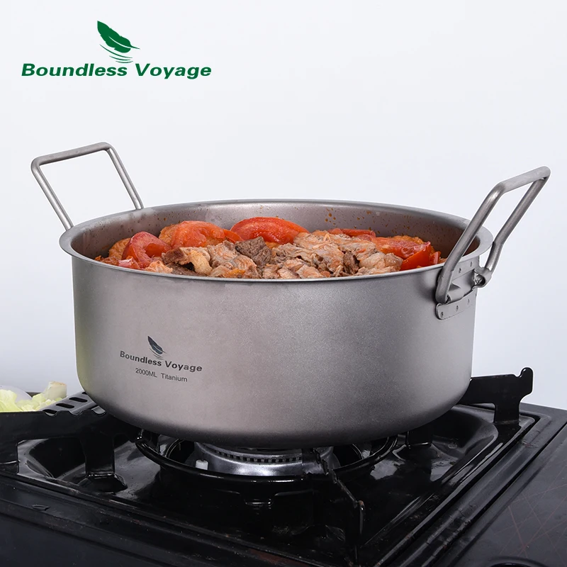 Boundless Voyage Camping Pot 2L / 5L Titanium Hot Pot Outdoor Portable Cookware with Lid  Folding Handle Home Hiking Cooking Kit