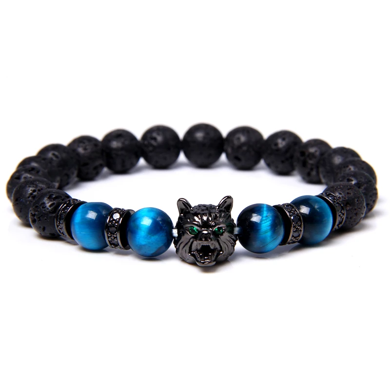 Wolf Charm Bracelets Men Natural Black Lava Stone Bracelets Brave Tiger Eye Bracelets Women Elastic Jewelry 8 mm Beads Pulsera