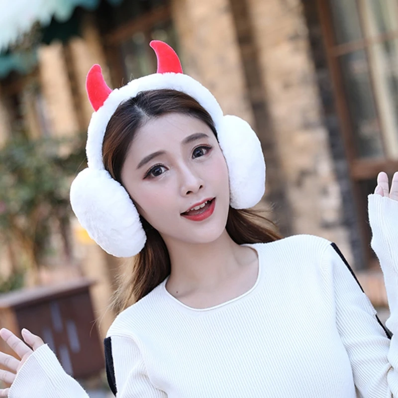 Ear Muff Earmuff Ear Warmer With Horns for Women Girls Winter Faux Fur Christmas GIfts Adjustable Foldable Christmas