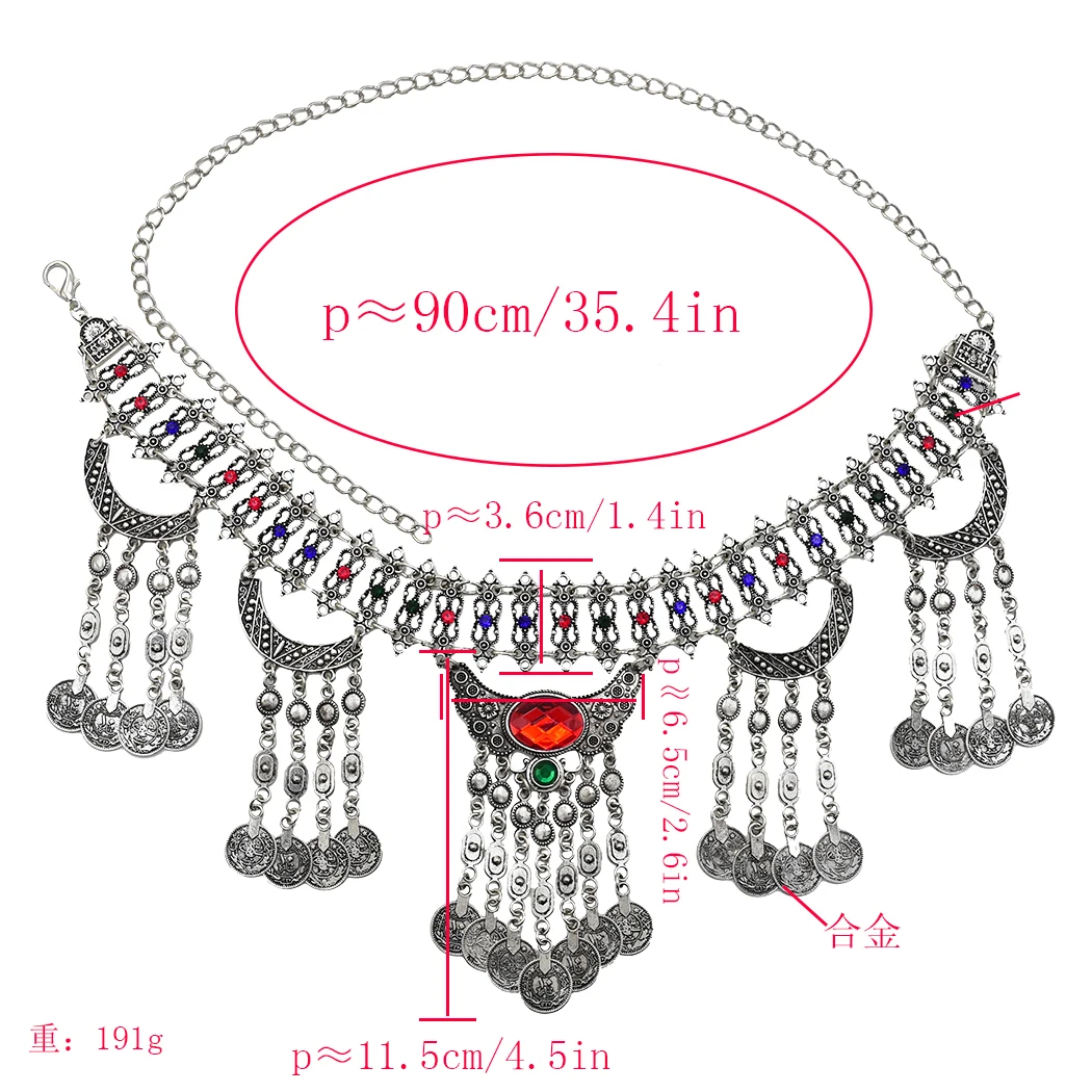 Gypsy Turkish Moon Coin Tassel Belly Chains for Women Bohemian Dance Dress Belt Crystal Body Chain Tribal Party Jewelry Gift