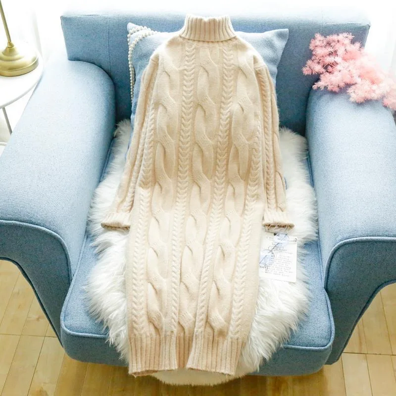 Winter Turtleneck Twist Knitting Dresses Women Warm Candy Color Rib Knited Pullover Dress Elegant Chic Solid Sweater Dresses