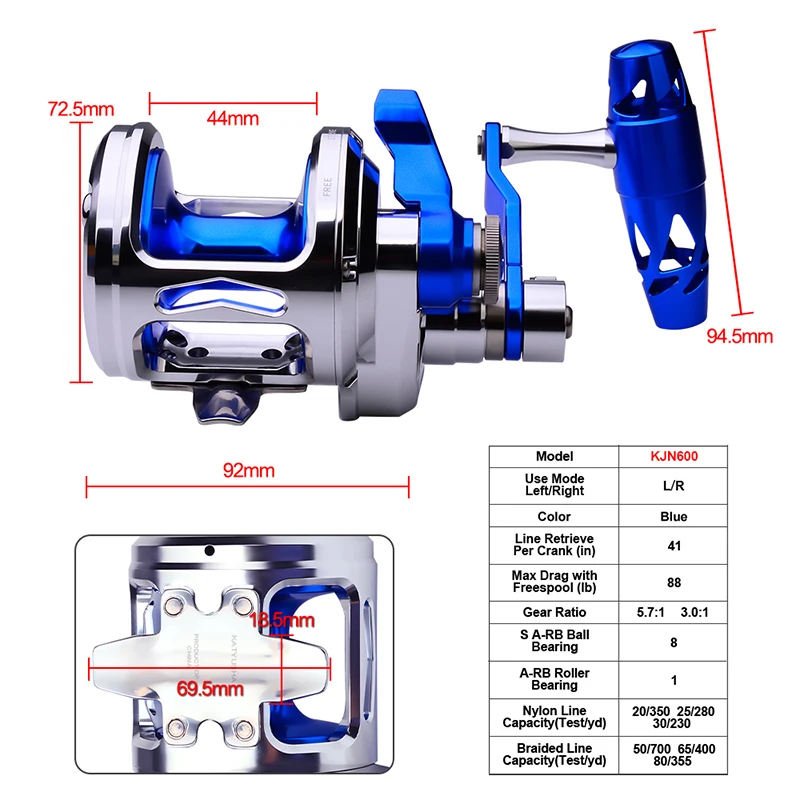 KATYUSHA Aluminum Jigging Reel Max Drag 40kg-88LB CNC Machined 2-Speed Lever 5.7:1/3.0:1 Sea Boat Fishing Reel Jig Trolling Reel