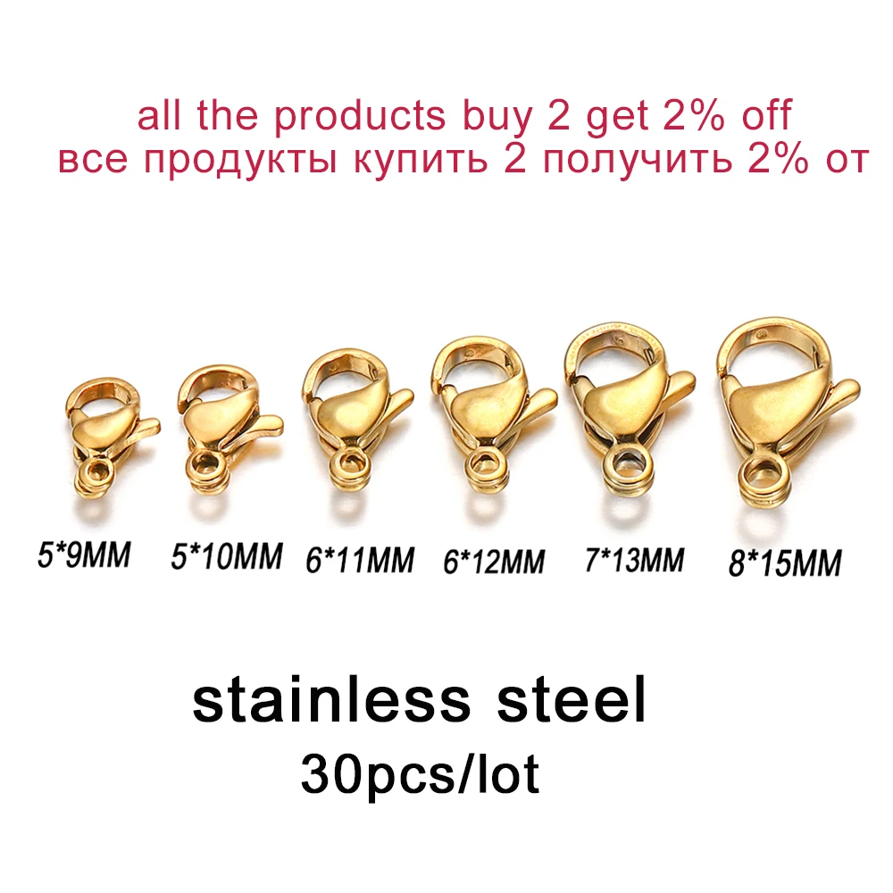 30pcs/lot 9 10 11 12 13 15mm Gold Stainless Steel Lobster Clasp Hooks Findings Connector For Jewelry Making DIY Chain Supplies