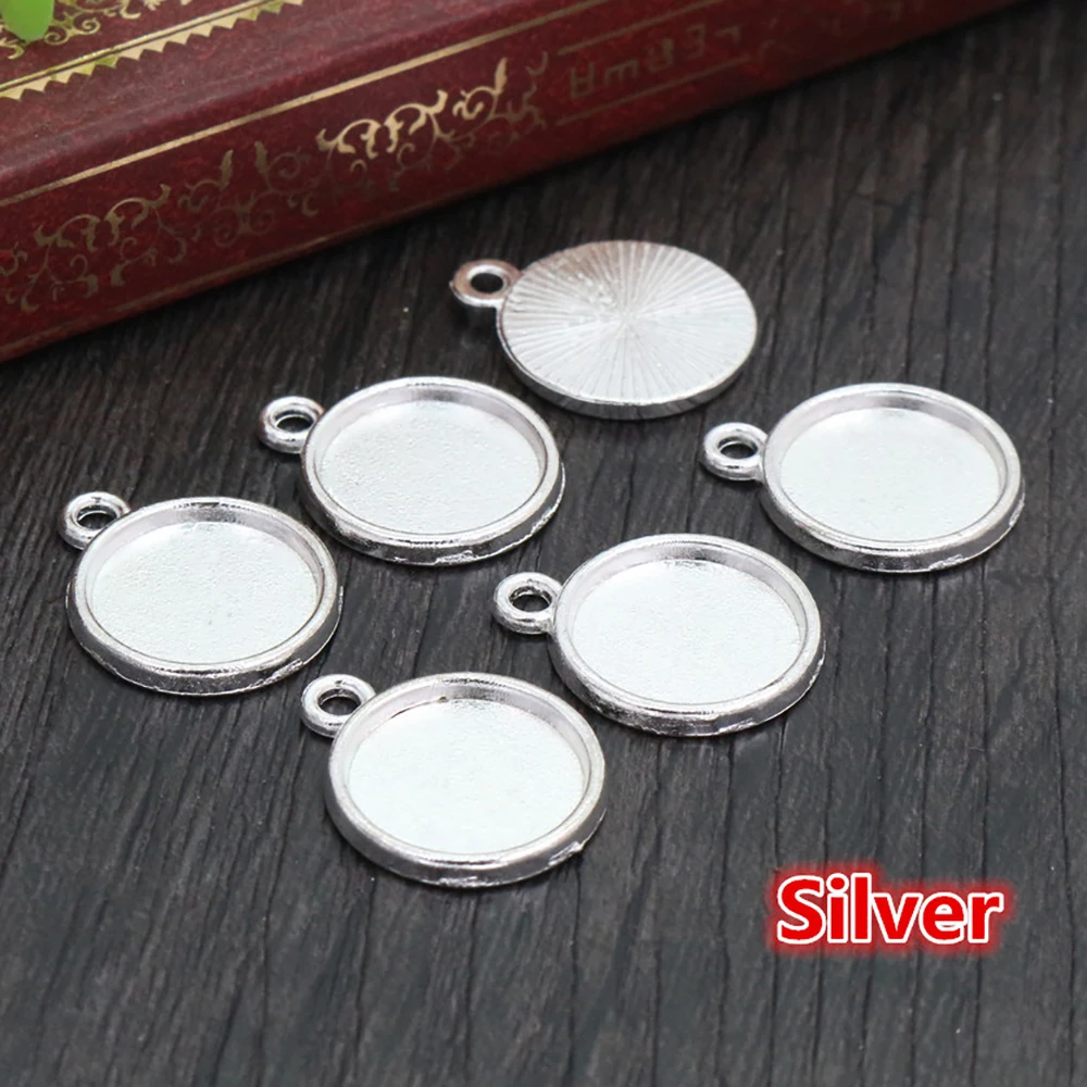 20pcs 12mm Inner Size Rhodium Gold Black Silver Bronze Color Simple Style Cabochon Base Cameo Setting Charms Pendant