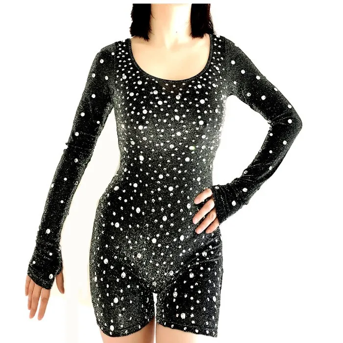 Macacão de strass preto spendex, com malha, para noite, aniversário, comemoração, baile, roupa, bar, dança, feminino