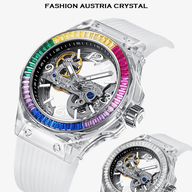 HANBORO Automatic Luxury Ladies Watch Crystal Waterproof Luminous Mechanical Wristwatch Silicone band fashion women watches