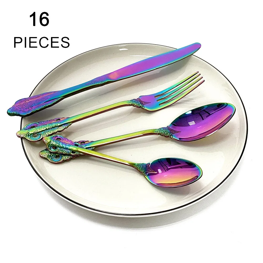 

Dinnerware Set 18/10 Stainless Steel 16Pcs/Set Rainbow Cutlery Set Knife Fork Set Flatware Tableware Silverware Drop Shipping