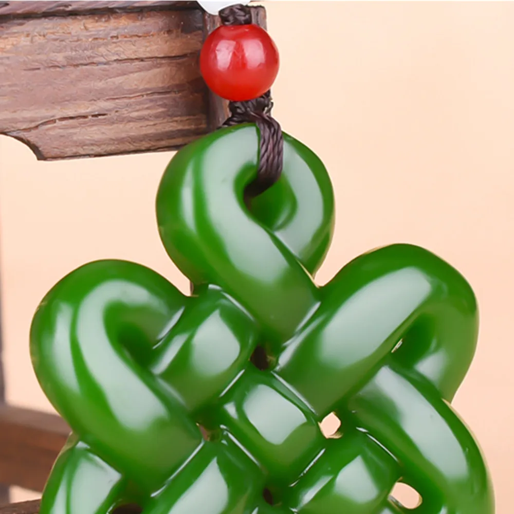 New Chinese Knot Pendant Beads Necklace Charm Jewelry Doublesided Hollow Carved Amulet Natural Green White Jade