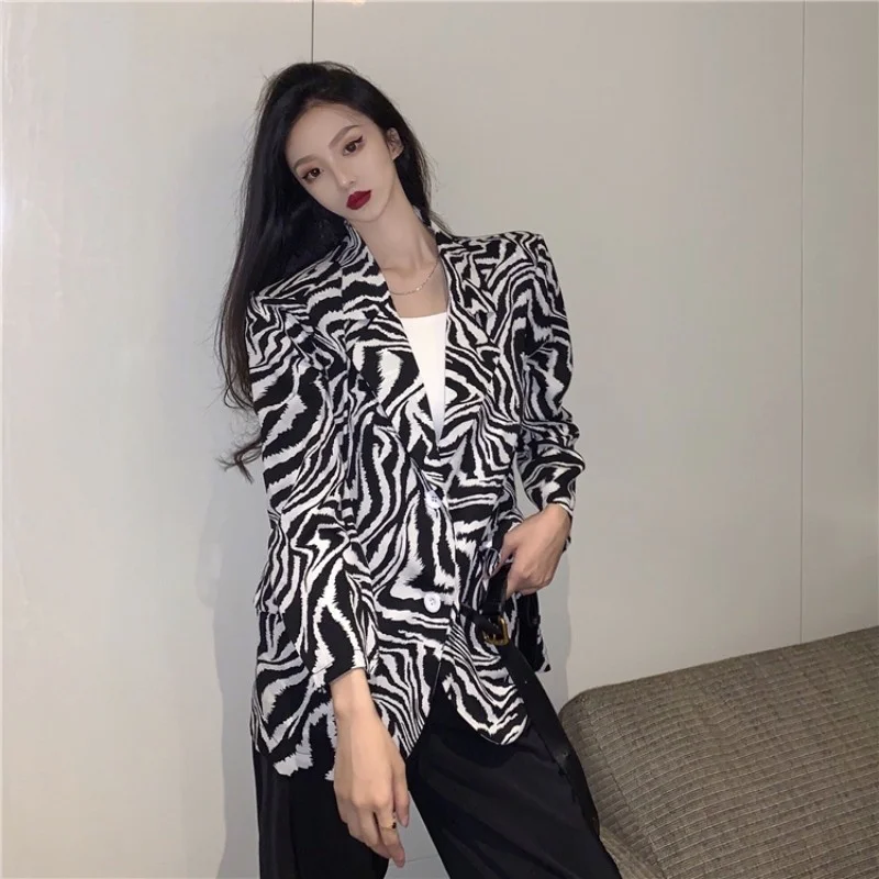 Sleeve Long Zebra Pattern Blazer Women Loose Single Button Chiffon Thin Suit Jacket Summer Street Casual Office Lady Short Coat