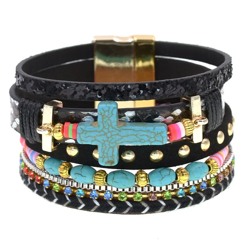 WELLMORE bohemia leather bracelets for women stone beaded corss multilayer bracelets charm Bracelets Female fashion Jewelry