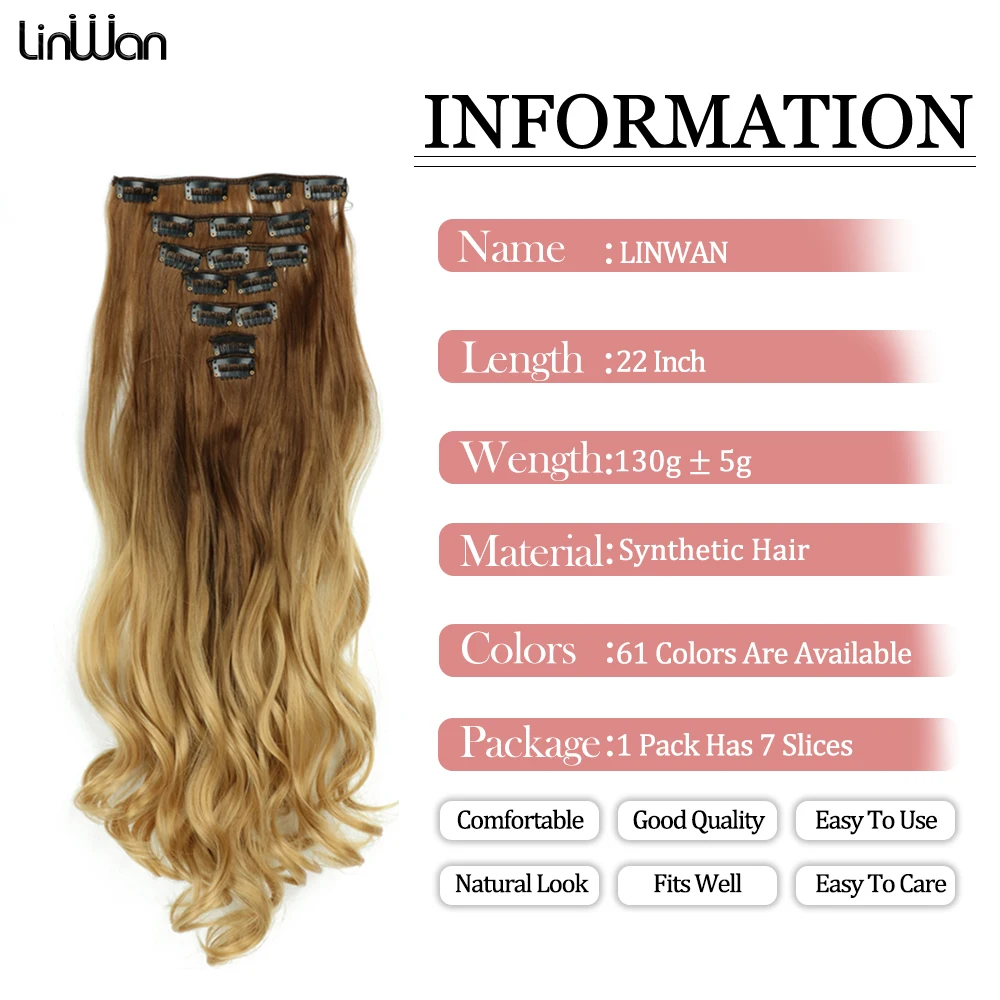 16 Clips In Hair Extensions Ombre Blonde Black Gray 22 Inch Long Synthetic Wavy Hair Heat Resistant False Hairpiece For Women