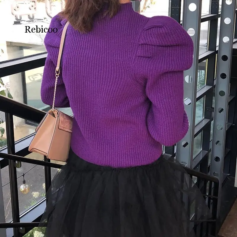 Vintage Women Long Puff Sleeve Sweater Winter New Purple Pink Turtleneck Knitted Sweaters