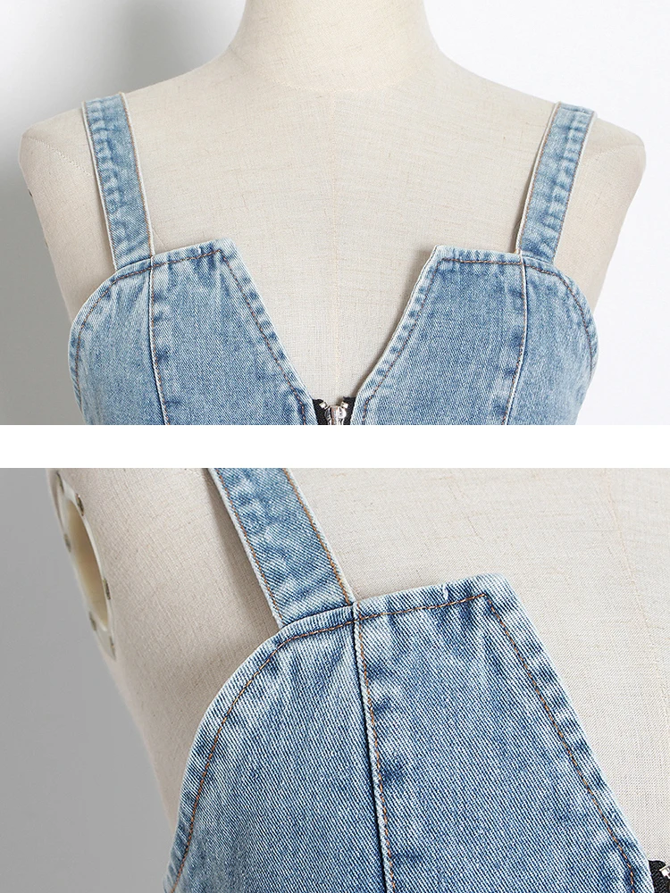 ONEINALL Patchwork Tassel Denim Vest For Women Slimming Asymmetrical Hem Sleeveless Vests Females 2022 Summer Fashion New Style