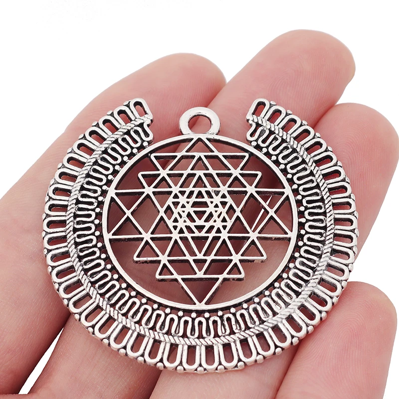 3 x Tibetan Silver Large Sri Yantra Meditation Charms Pendants for DIY Necklace Jewelry Making Finding Accessories 50x48mm