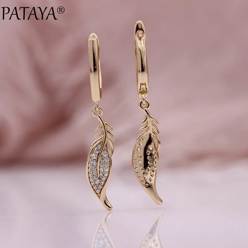 PATAYA New Long Leaf Dangle Earrings Natural Zircon Stereoscopic Women Earring 585 Rose Gold Color Wedding Fine Fashion Jewelry