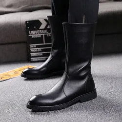 Winter Men Motorcycle Boots Mid-Calf Punk Rock Punk Shoes Mens Leather Black High top Casual Boot Man Zapatillas Hombre