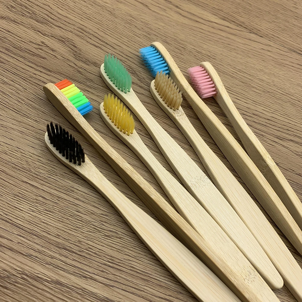 Ensemble de brosses à dents en bambou naturel, brosse à dents colorée, poils souples, charbon de bois, cuillère à soupe, soins bucco-dentaires,