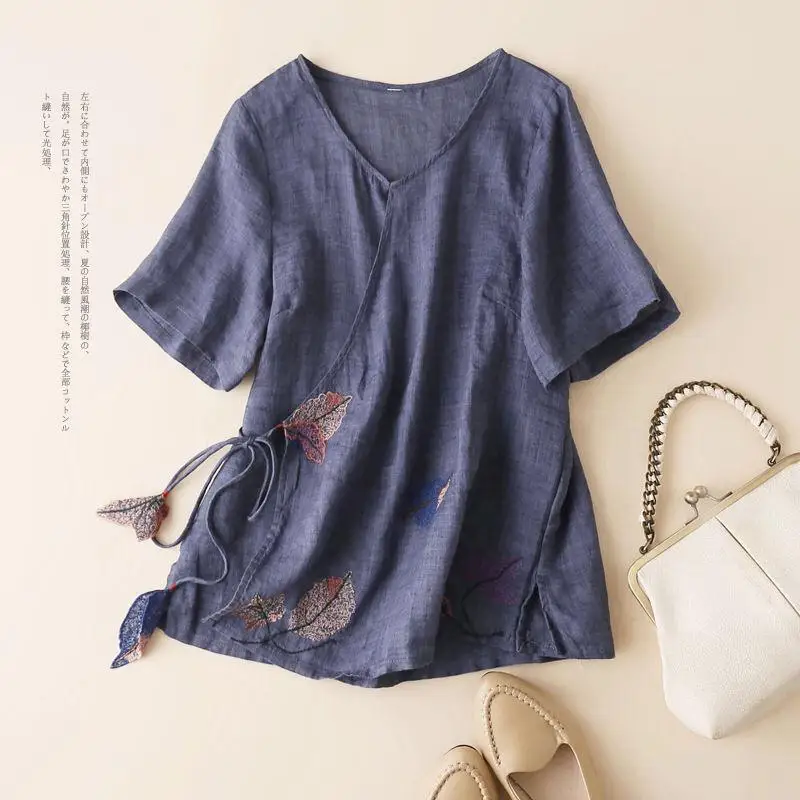 2002 Summer New Women Retro Embroidery Cotton Linen Shirt Loose Plus Size All-match Blouse Irregular Shirt Tide Free Shipping