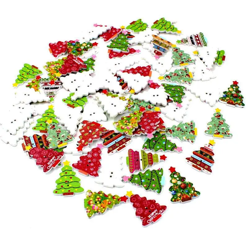 50pcs/pack Christmas tree buttons 2Holes 25m x 35mm Decorativ Scrapbooking Sewing Scrapbook accessories Wooden Buttons