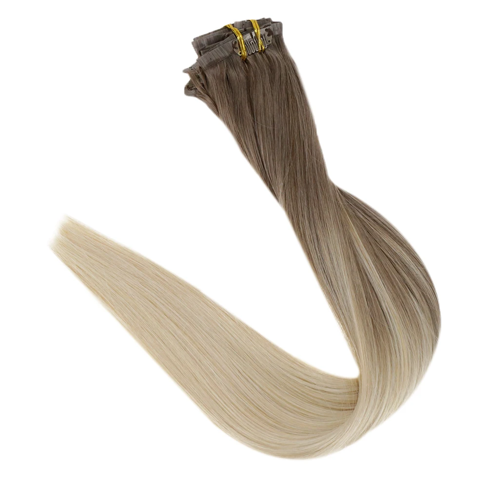 Volledige Glans Clip in Hair Extensions Echt haar 120g Naadloze Onzichtbare Clip In Extensions Echt haar Remy Balayage Blonde Kleur