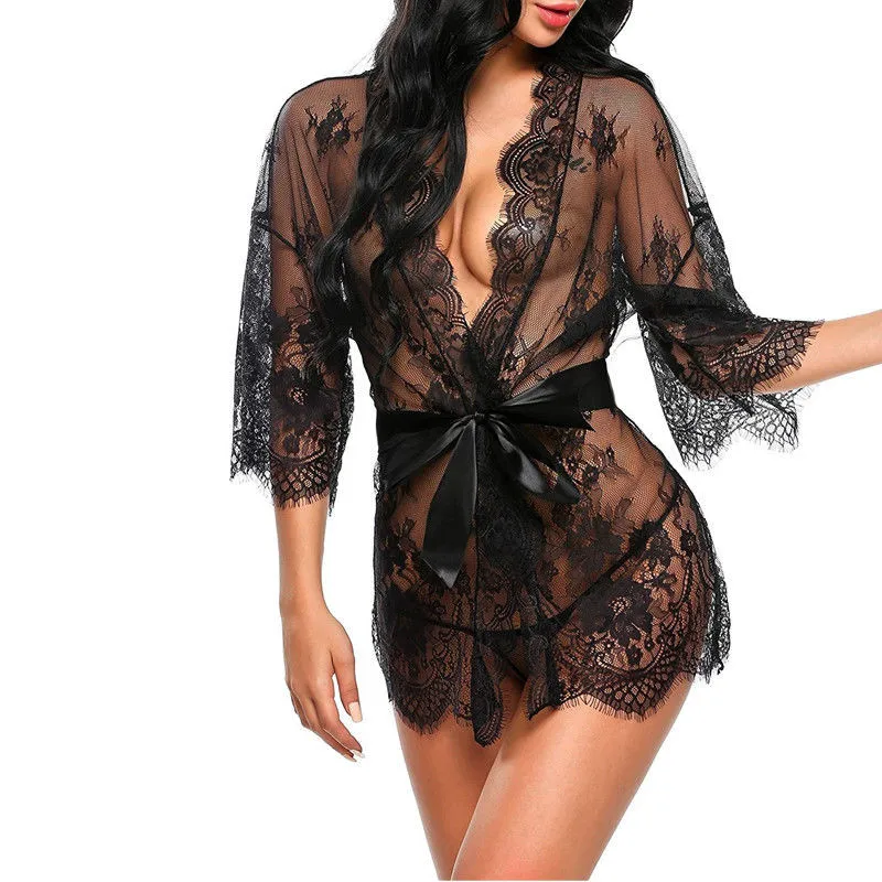 Lencería Sexy de encaje para mujer, vestido de noche, camisón de vendaje con escote en V profundo, transparente, sedoso, 2019