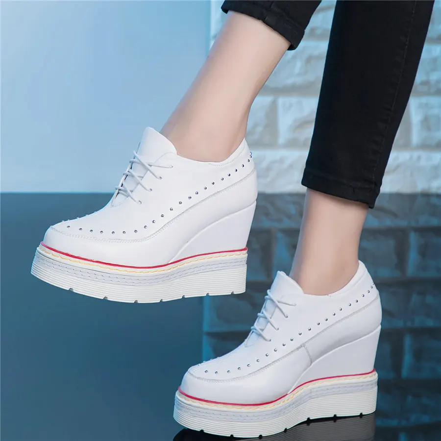 

Rivets Shoes Women Genuine Leather High Heel Ankle Boots Female Round Toe Fashion Sneakers Casual Shoes Platform Oxfords Shoes