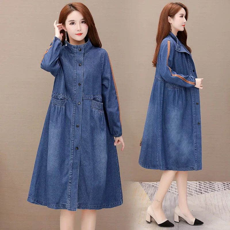 

Women's Long Denim Trench Coat, Female Windbreaker, Loose Stand Collar, Casual Jacket, Spring, Autumn, New Fashion, 5XL,