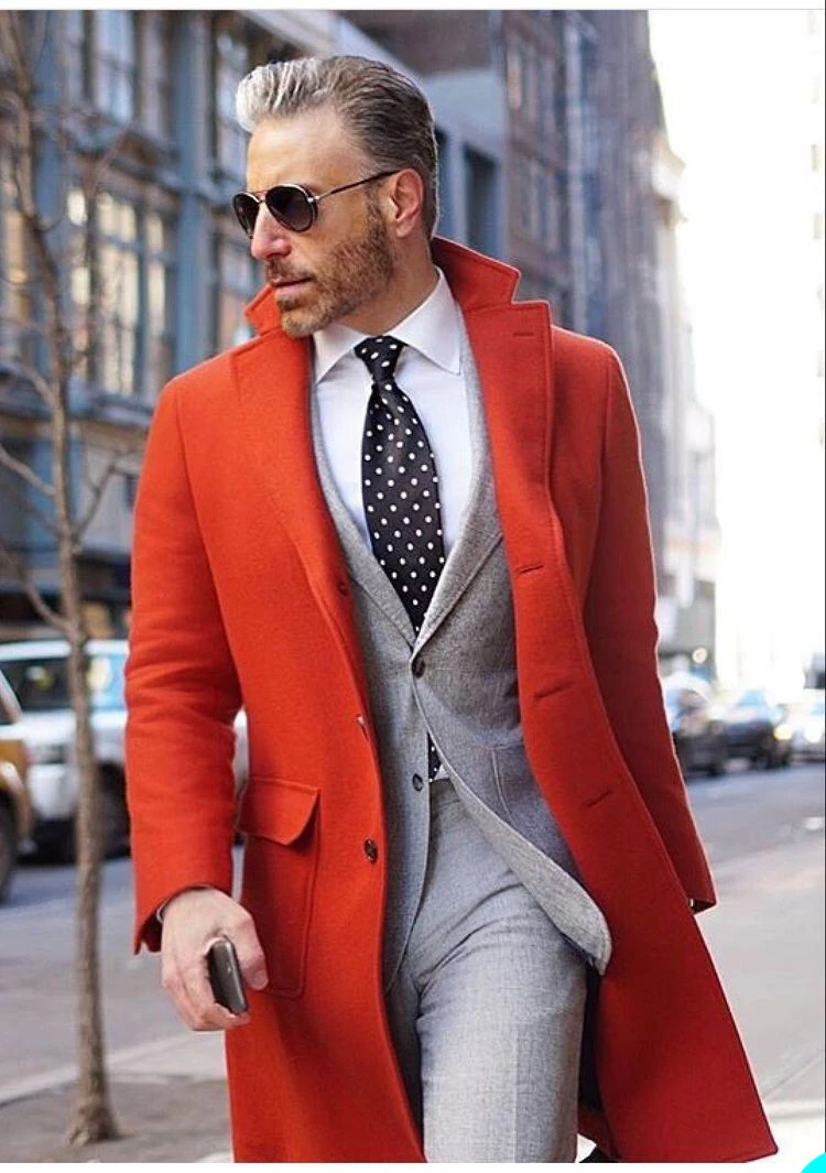 Orange Tweed Wool Men Long Coat Winter Warm Two Button Groom Party Prom Jacket Business Wear Outfit One Suit