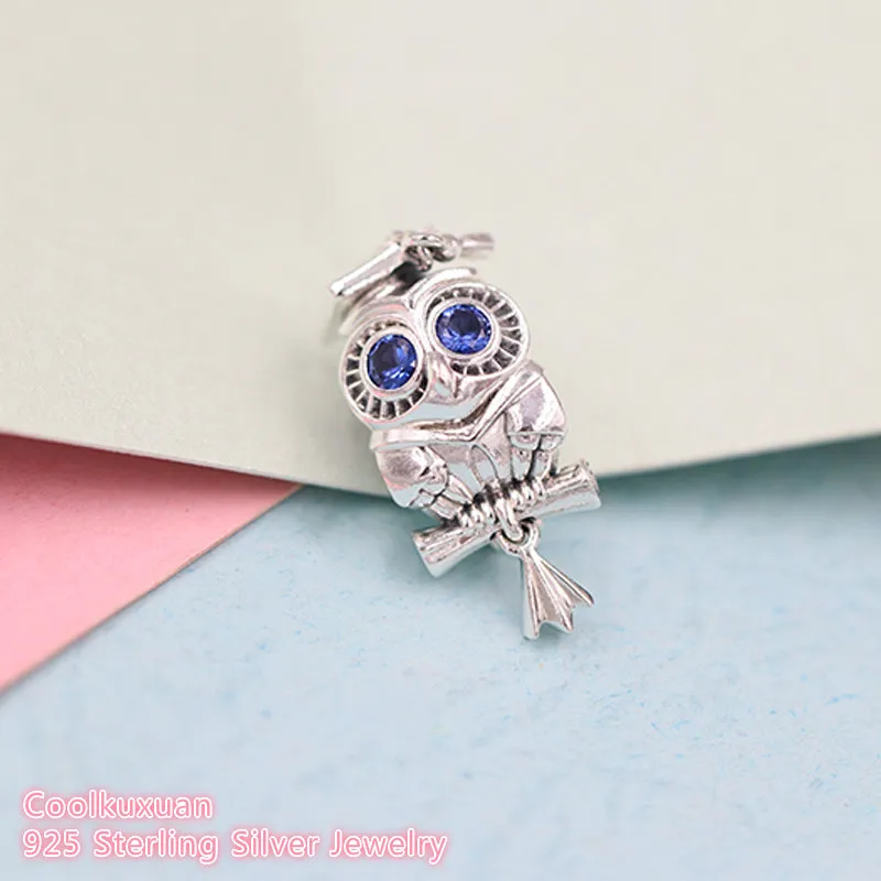 Mother's Day 100% 925 Sterling Silver Wise Owl Graduation Charm blue crystals beads Fits Original Pandora bracelets Jewelry