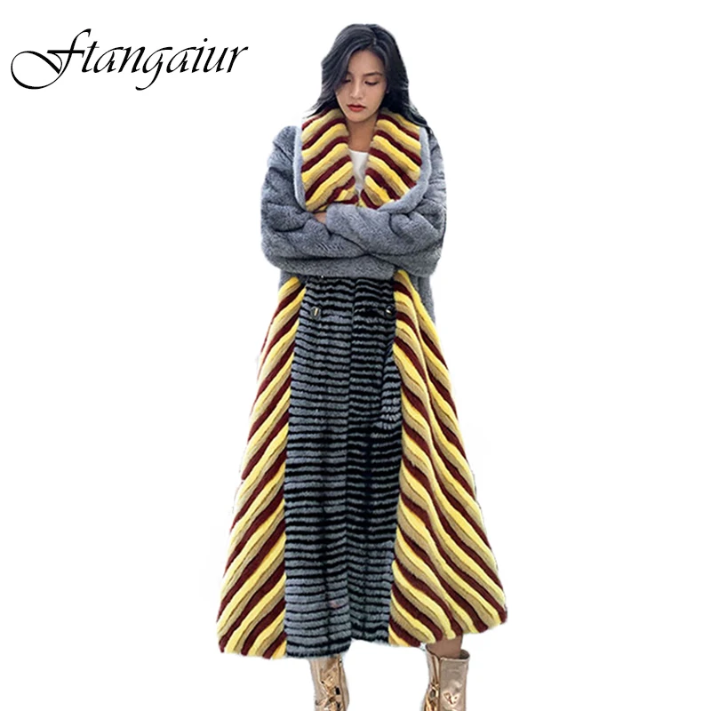 

Ftangaiur New Winter Import Cross Velvet Mink Fur Coat Women Contrast Color Striped X-Long Slim Natural Real Mink Fur Coats