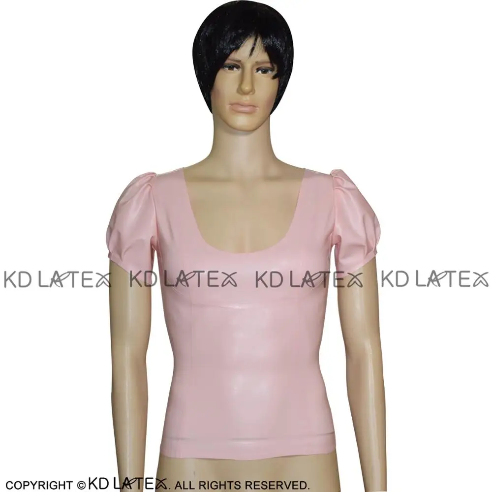 

Baby Pink Sexy Latex Shirt With Zipper At Back Puff Sleeves V Neck Rubber Blouse Top YF-0045