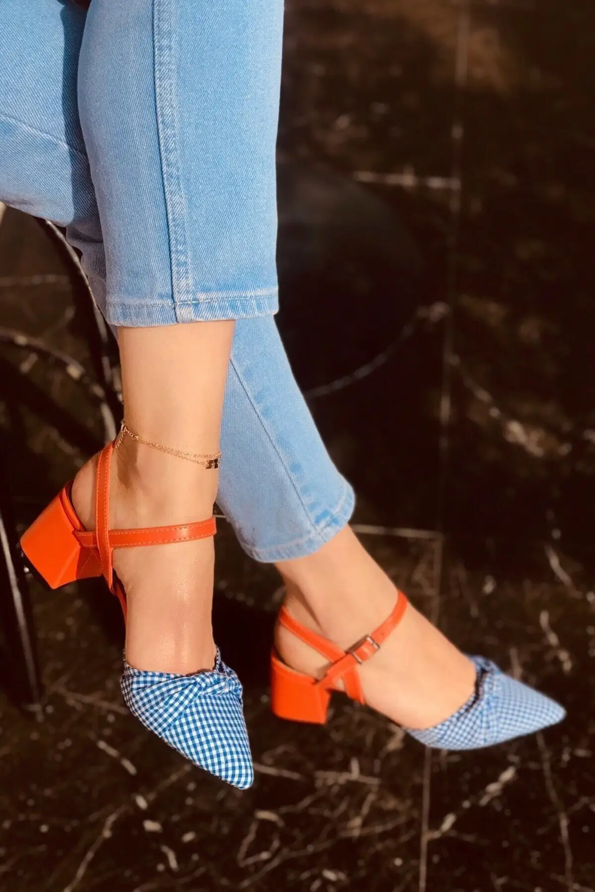 Mila Orange Matte Blue Plaid High-Heeled Women 'S Shoes Artificial Leather Cotton Fabric 100 Handmade 6 Cm Heel Length