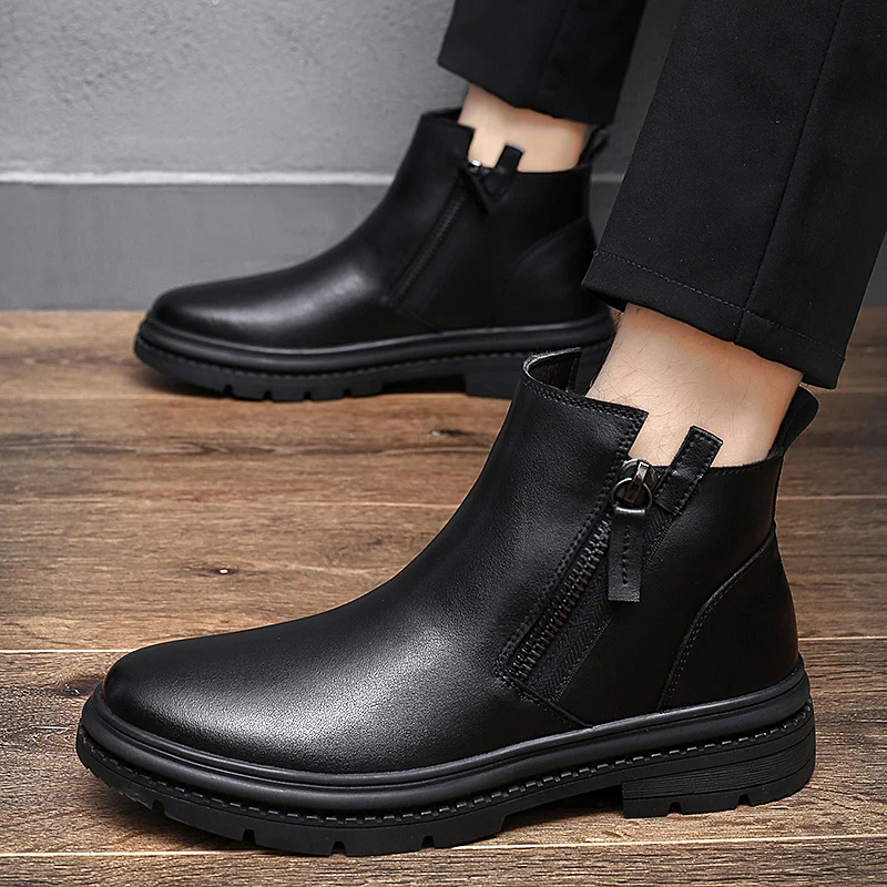 Luxury Black Genuine Leather Men\'s Boots Winter Keeps Warm Wool Casual Fur Boots Men Dress Boots Fashion Zipper Business Shoes