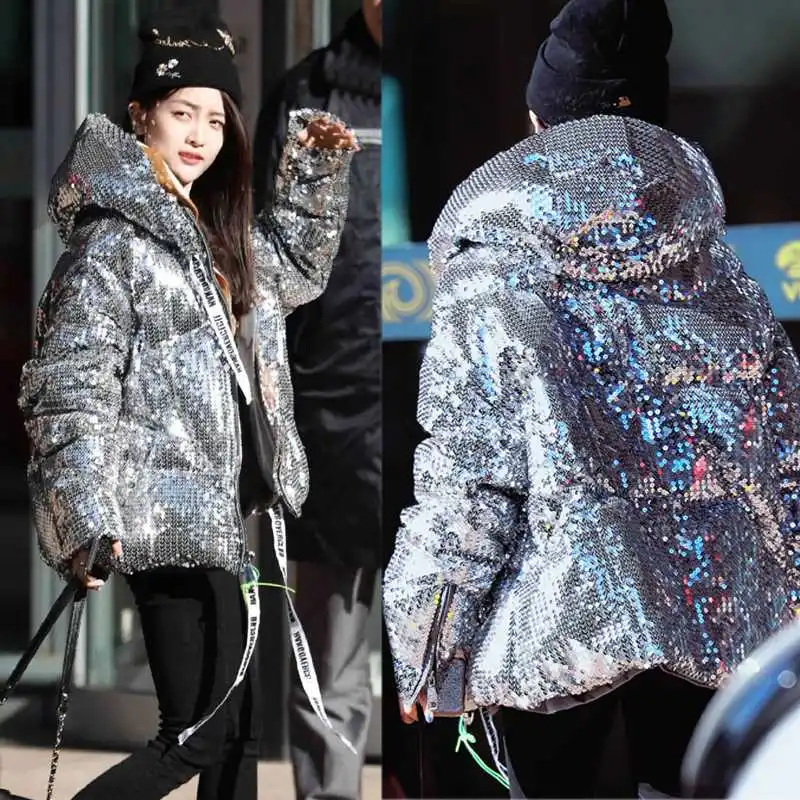 Girls Bling BLing Sequins Glitter Sparkling Silver Winter Hooded Jacket Cotten Blended Heavy Coat Warm