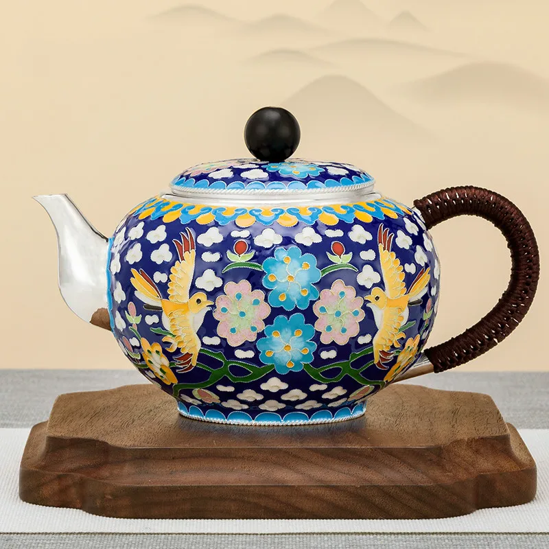 Silver teapot sterling silver 999 handmade cloisonne in old-fashioned retro style tea set household silver teapot