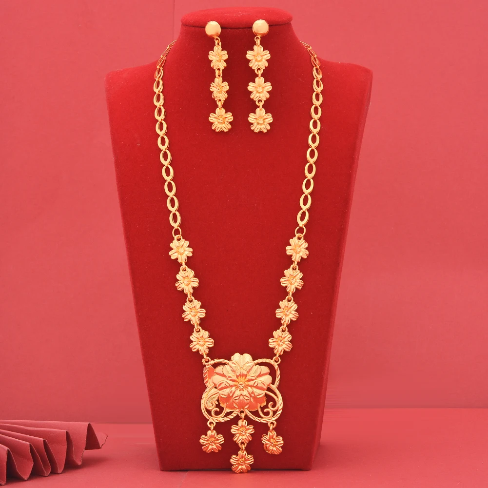 

24k Gold Color Dubai Jewelry Sets For Women African Wedding Gifts Bridal Necklace Earrings Jewellery Set For Women